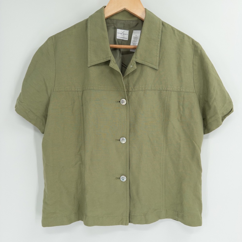 Emma James Button Up Top Women 14 Green Linen Blend Boxy 90s Butter Mom Sage